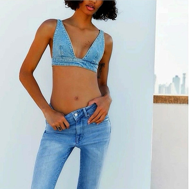 Nichole Lynel Influencer Blue Denim Bralette Medium Festival Rave